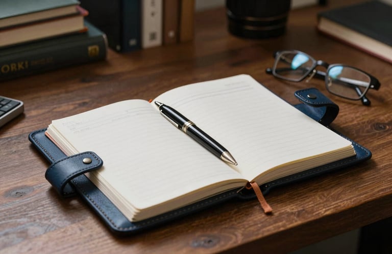 A professional desk top with a leather-bound planner, an elegant pen, and a pair of spectacles. The lighting is warm and domestic, suggesting a trustworthy personal home office in a Canadian suburb. The color palette includes dark blue and off-white.