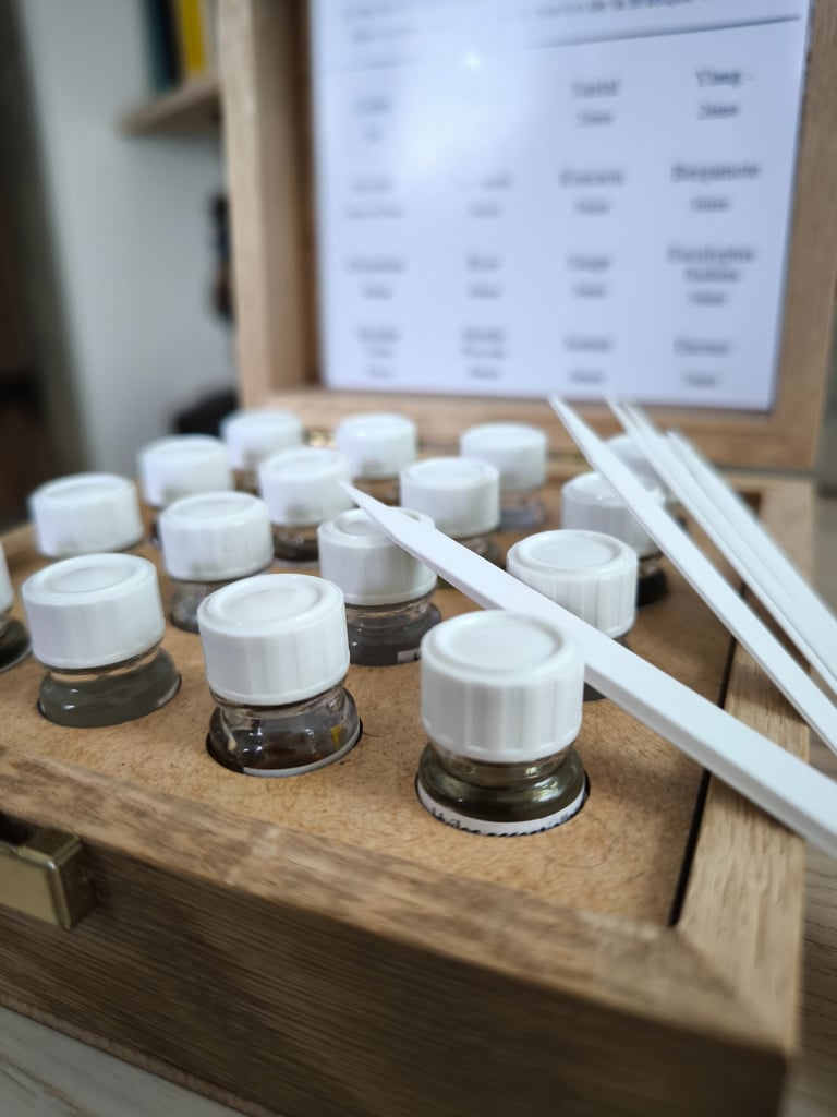Essential oil kit in a wooden box with glass vials and fragrance tester strips for perfumery.