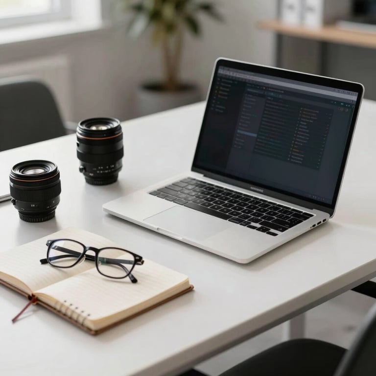 Photography of a professional workspace with a laptop, a notebook, and a pair of spectacles on a clean white desk, modern North American business environment.
