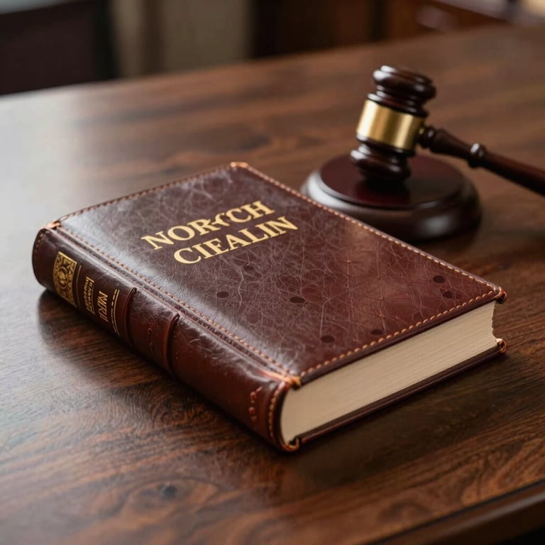 Detailed photograph of a leather-bound legal book and a wooden gavel resting on a polished dark wood desk, warm professional lighting, North American law office setting.
