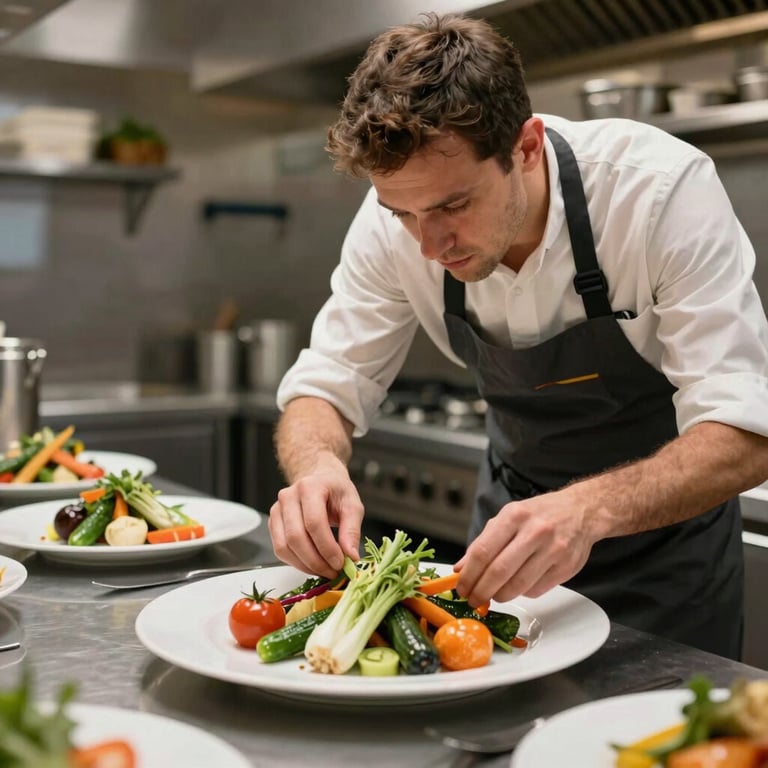 A professional photographer in a Northern European restaurant kitchen carefully arranging a plate of seasonal vegetables for a social media shoot.