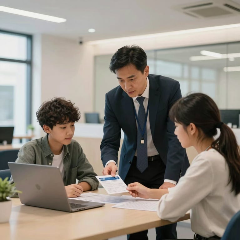 A modern, clean UK bank interior where a professional consultant is helping a young student set up their account.