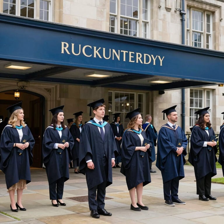 A prestigious UK university graduation ceremony with students in traditional gowns in a courtyard with steel blue and navy accents.