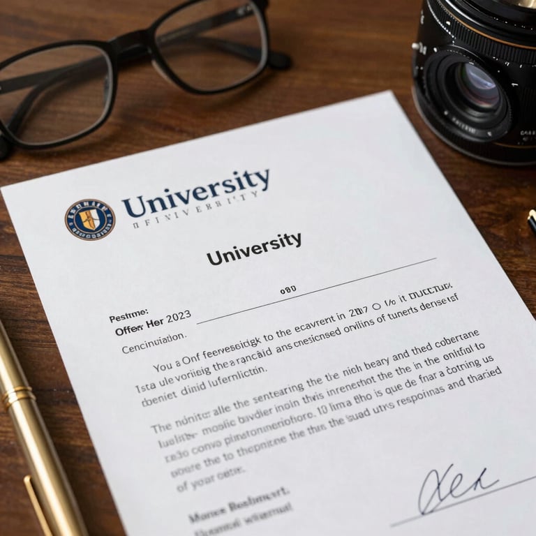 A close-up shot of a university offer letter resting on a dark wood desk next to a gold pen and a pair of spectacles.