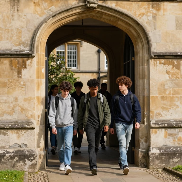 A group of diverse students walking through a historic stone archway on a sunlit afternoon in a British university town.