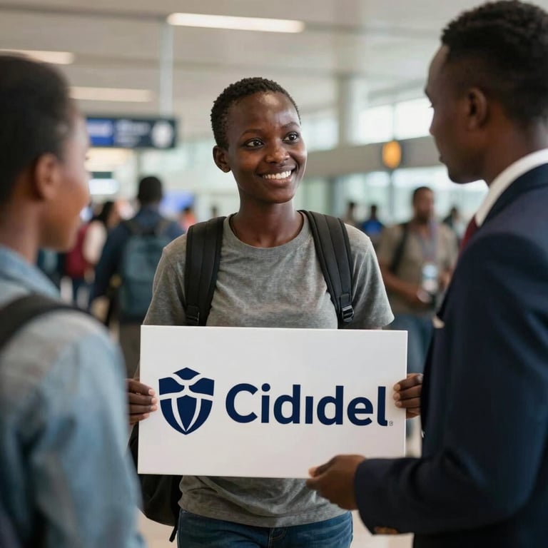 A smiling student from Africa arriving at a UK airport, being greeted by a professional concierge holding a sign with the Citadel logo in navy blue.