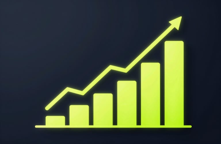 A 3D visualization of a growth graph with upward trending bars in neon yellow, set against a dark, tech-inspired background with deep #2C3E50 shadows.