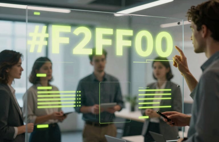 A cinematic shot of a marketing team analyzing content strategies on a large transparent glass screen with glowing #F2FF00 highlights.