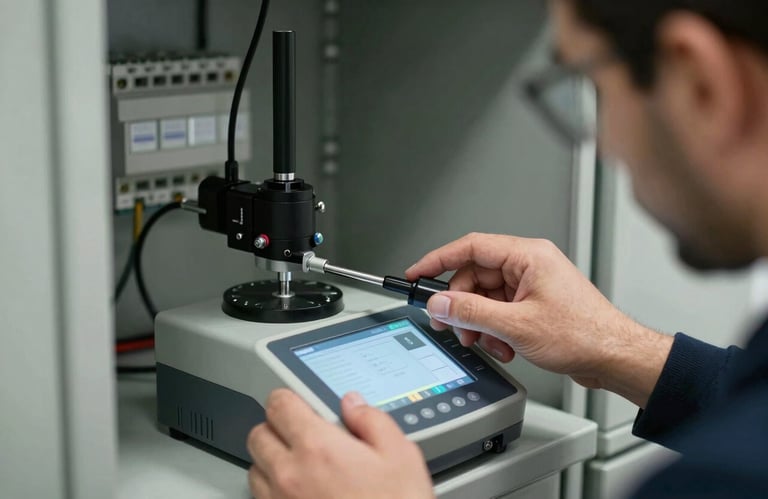 A close-up photograph of a Turkish / Anatolian technical expert using a high-precision digital testing device on an electrical panel. The lighting is natural and professional, emphasizing reliability.