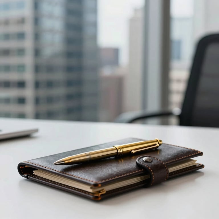 Close-up of a gold pen and a dark leather folder on a white desk in a high-rise office. Blurred background of a modern North American / Canadian cityscape. Clean, strategic, and professional composition.