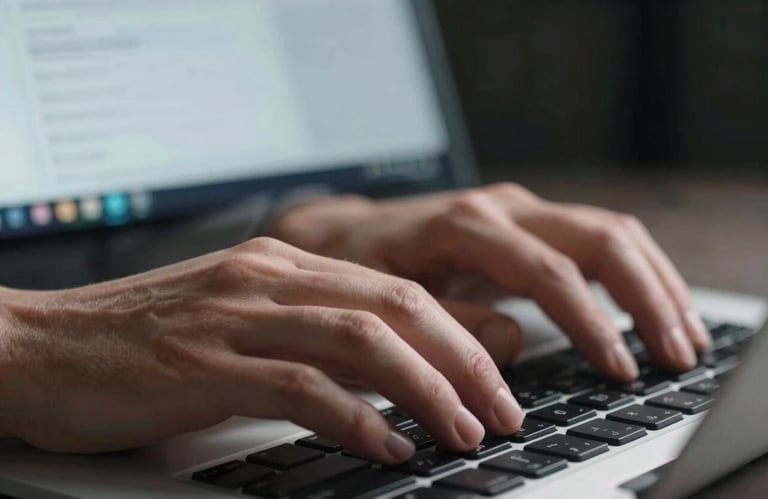 A close-up, high-detail photograph of a person's hands (Northern European) typing on a modern, low-profile keyboard. The lighting is focused and clean, highlighting the texture of the keys. A blurred laptop screen in the background shows a website wireframe. Professional and industrious mood.