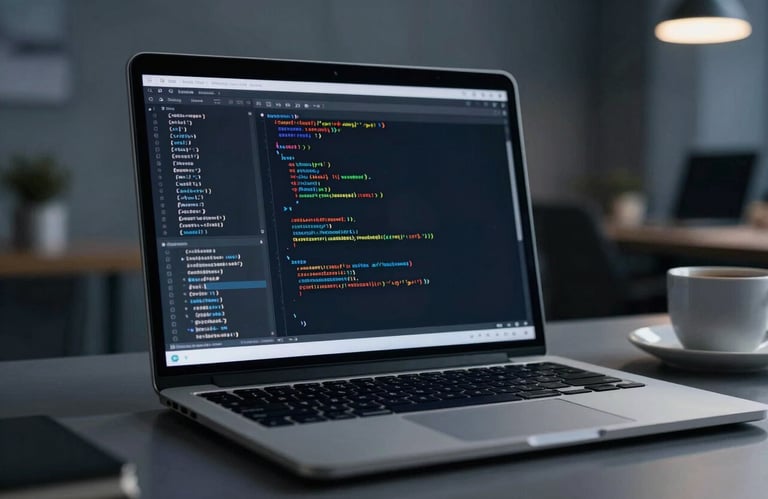 A moody, professional photograph focusing on a laptop screen filled with cascading lines of code in a dark editor. The setting is a dim, stylish office with cool gray and deep blue tones. The focus is sharp on the screen text, with the surrounding desk and a coffee mug in soft bokeh.