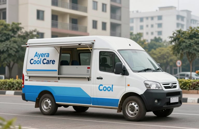 An Aayera Cool Care service vehicle parked outside a high-rise apartment in Noida, demonstrating doorstep readiness.