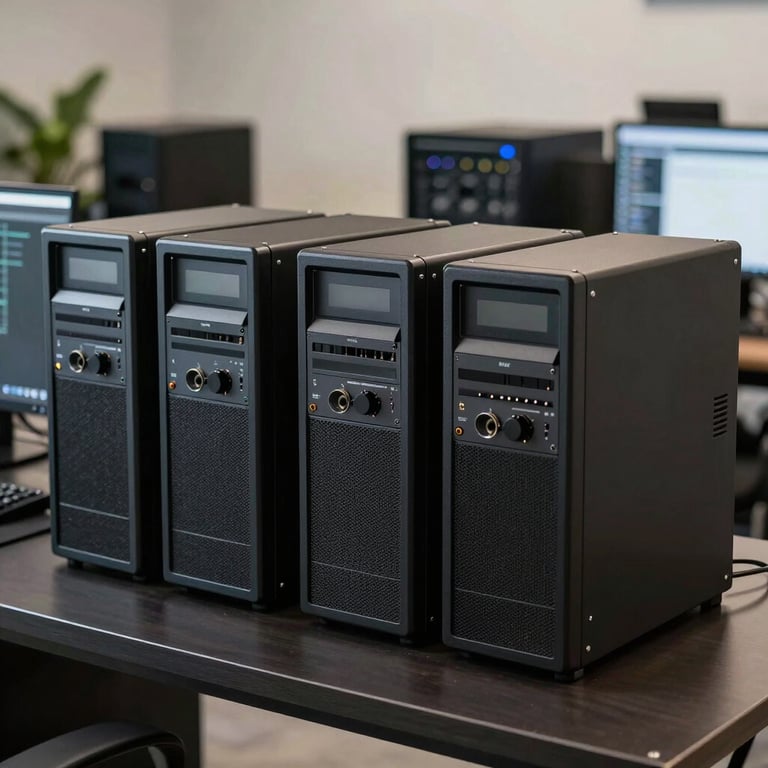 A high-performance workstation and networking equipment arranged neatly on a dark desk in a professional Brazilian tech environment.
