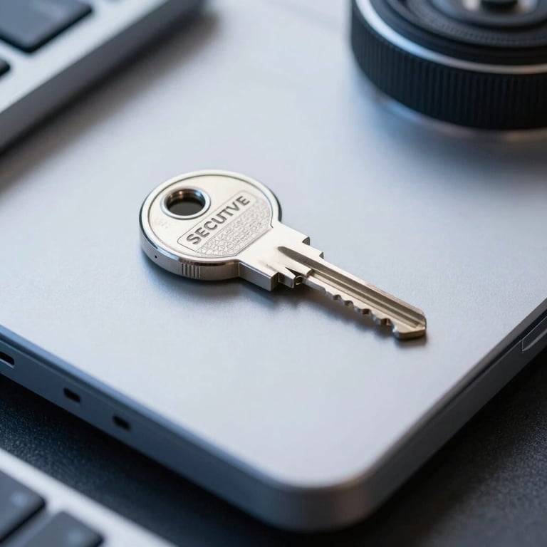 A macro photography of a secure encryption key or security hardware token on a modern workspace, with cool white and blue ambient light.