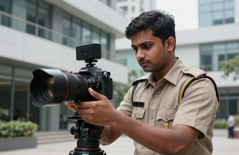 A South Asian security technician in a professional uniform expertly adjusting a camera lens during installation, focused expression, modern Indian business park setting.