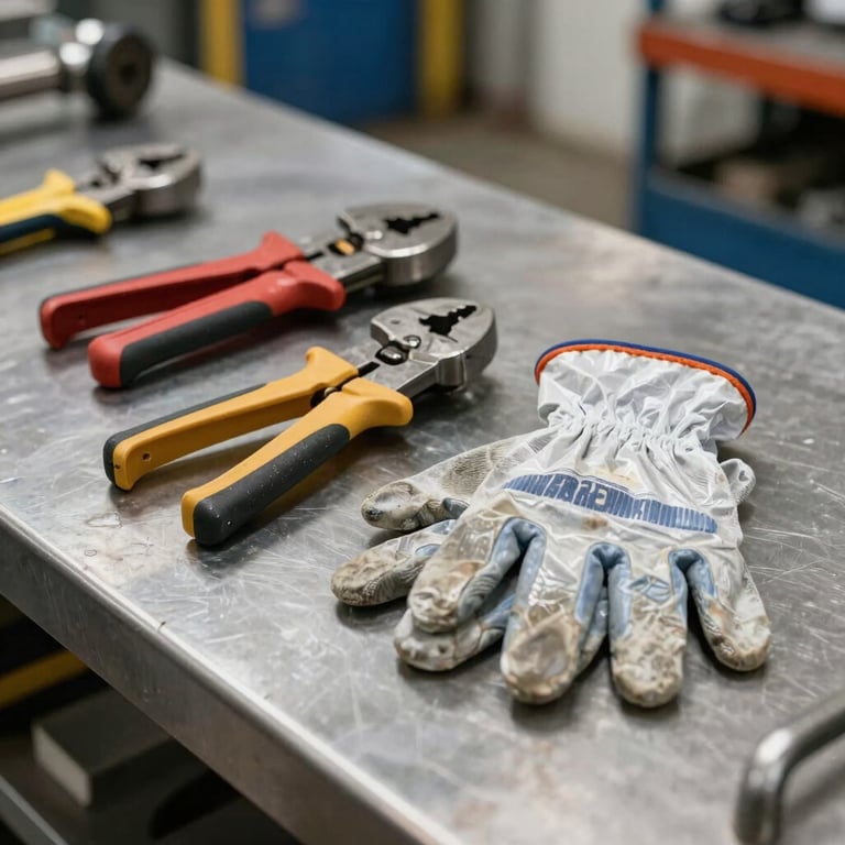 A clean close-up shot of heavy-duty industrial tools and safety gloves resting on a stainless steel workbench in a North American / US industrial facility.