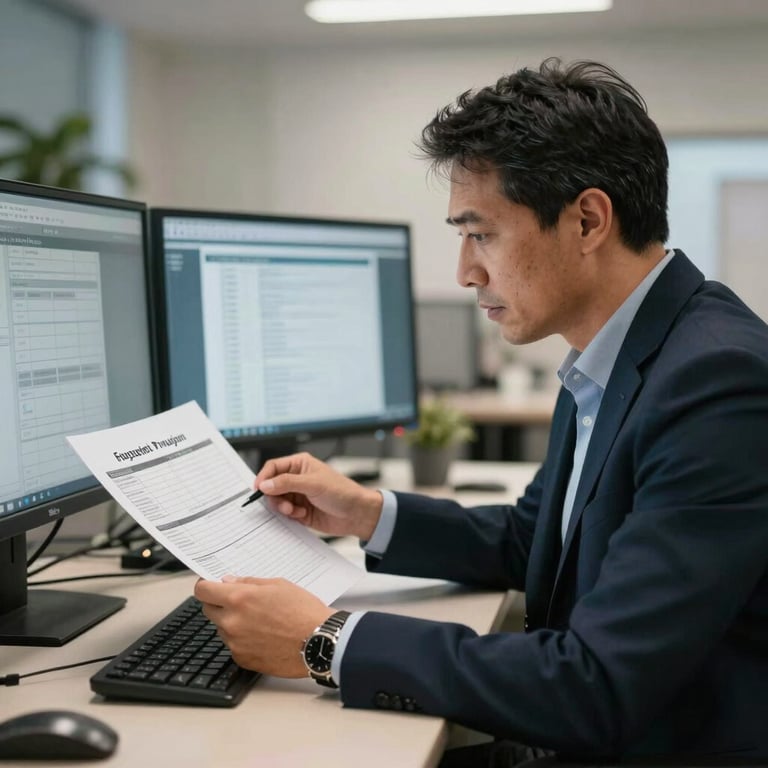 A professional procurement expert in a North American / US office setting, reviewing technical supply specifications on a dual-monitor workstation.