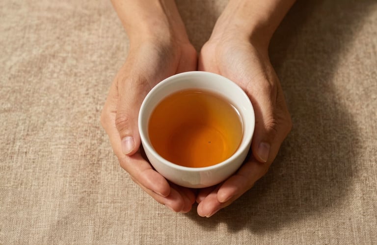 Top-down view of hands holding a warm cup of herbal tea in a serene, spa-like environment, soft linen textures, and warm golden lighting, representing healing and self-care.