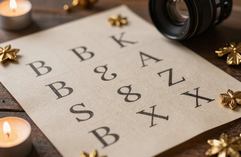 Close-up photography of hand-written numerology charts on premium parchment paper, surrounded by small golden decorative elements and soft candles in a Latin American setting.