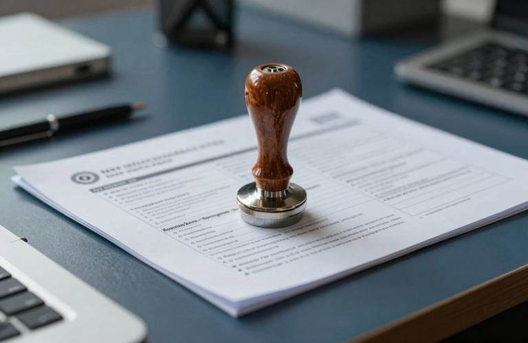 A close-up of a professional quality seal and technical documentation on a Dark Slate Blue metallic desk in a Eastern European / Russian office.