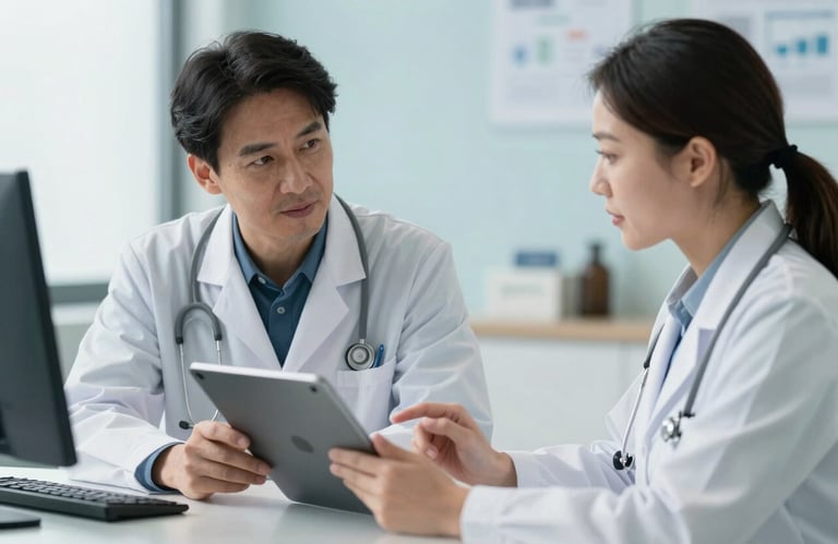 A doctor and a tech consultant in a professional US clinical setting reviewing data on a slim tablet, shot in a bright room with light blue and off-white tones.