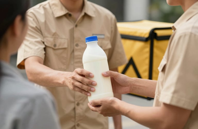 A candid shot of a delivery person in a professional warm sand beige uniform handing a fresh milk bottle to a customer.