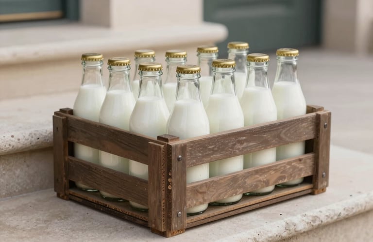 A row of glass milk bottles in a muted earth brown crate, placed on a soft off-white stone doorstep in clear daylight.