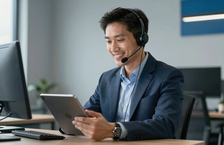 A professional male dispatcher wearing a headset and smiling, focused on a tablet screen in a bright office environment with Muted Blue-Grey walls and Steel Blue decor.