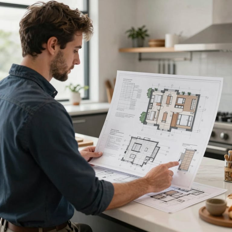 A professional kitchen designer in a North American studio reviewing 3D blueprints and floor plans for a modern residential renovation, clean and bright workspace.