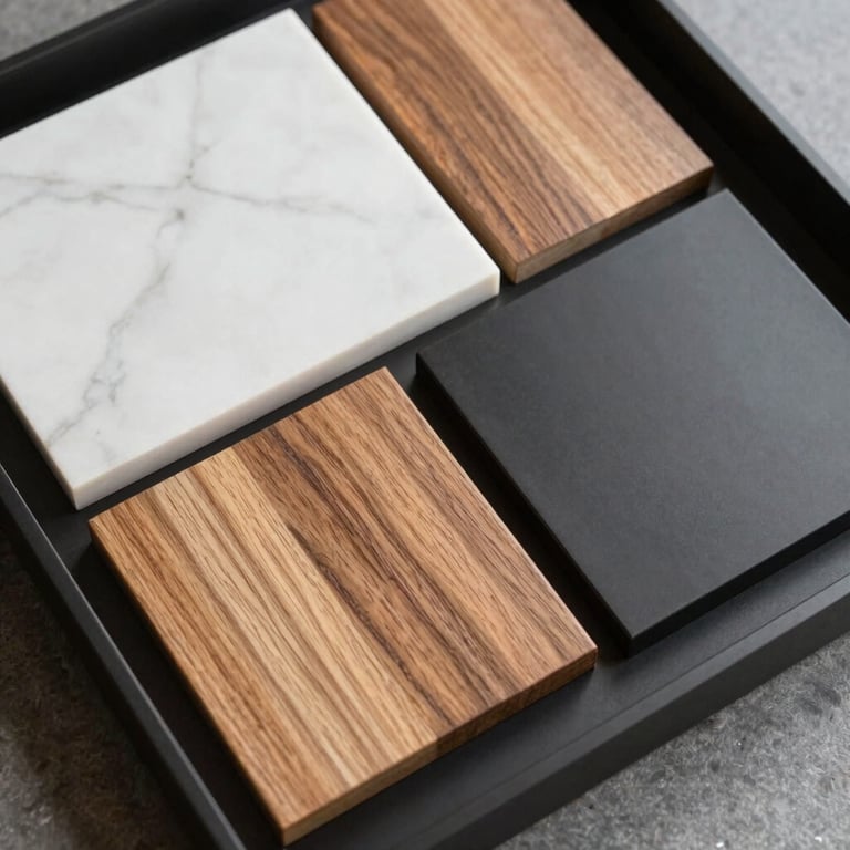 A tray of high-end material samples including white marble, warm oak wood, and matte black metal finishes for a luxury kitchen design project, flat lay photography.