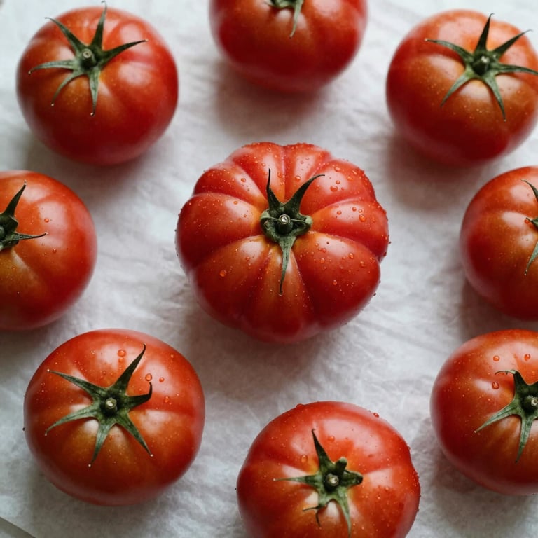 A crisp flat lay of fresh vegetables from a local North American farmer, including heirloom tomatoes in Deep Ripe Crimson, on a Crisp Parchment surface.
