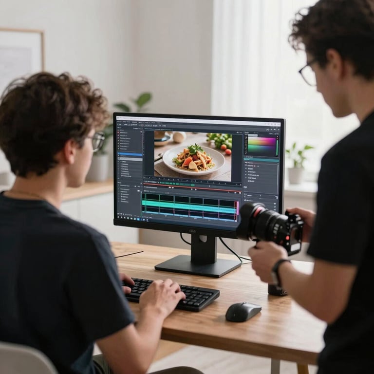 A high-contrast behind-the-scenes shot of a content creator editing professional food photos in a bright, modern North American studio.