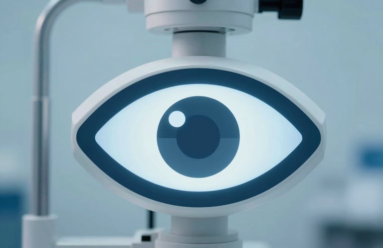 A close-up of a modern ophthalmic medical device or a stylized abstract eye symbol, professional medical theme, soft blue tones.