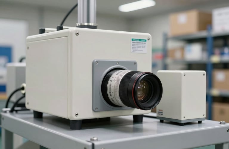 A close-up photograph of high-tech logistics equipment in a clean, modern distribution center, showcasing efficiency and global service delivery, with a color scheme of off-white and light gray.