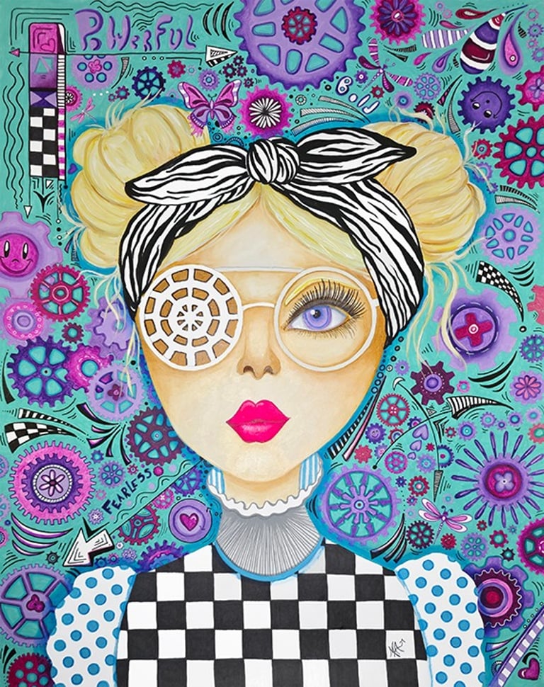 Whimsical pop art painting of a woman with blonde buns and steampunk gears in shades of purple and teal.