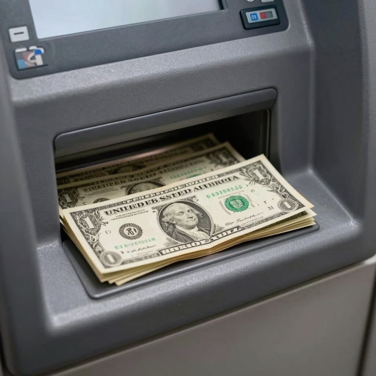 A professional photograph of North American dollar bills being dispensed from a clean, modern ATM slot, focusing on the quality and reliability.