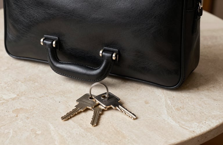 Close-up photography of a professional leather briefcase and a set of keys on a cream-colored stone tabletop, symbolizing the transfer of property.