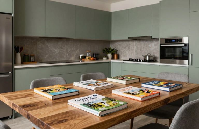 A wide shot of a modern kitchen with sage green cabinets and a large wooden table where educational real estate books are placed neatly.
