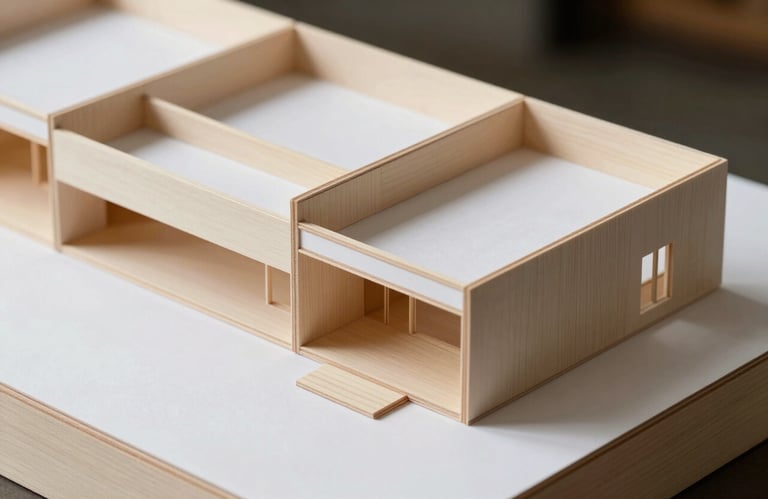 A minimalist architectural model made of light wood and white cardstock, showcasing a structured grid layout for a contemporary villa.