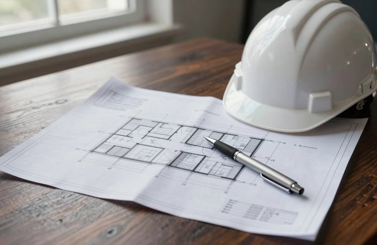 A crisp photograph of architectural blueprints spread across a dark wood table with a white safety helmet and a professional silver pen, soft natural light from a window in a Northern European office.