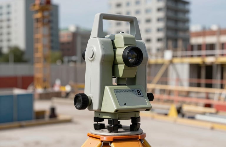 A close-up photograph of a professional surveyor using a modern digital theodolite on a construction site, clean equipment, Northern European urban background.