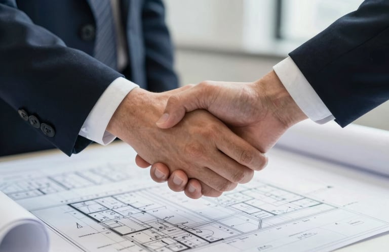 A detailed close-up of a professional handshake occurring over a set of large-scale engineering site plans, signifying trust and partnership.