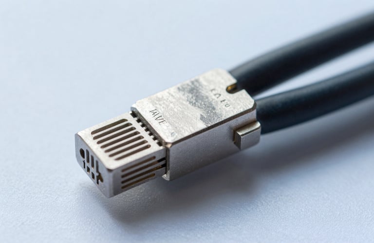 Macro photography of high-quality industrial network cables and steel components, metallic silver texture, clean studio lighting with industrial blue shadows.