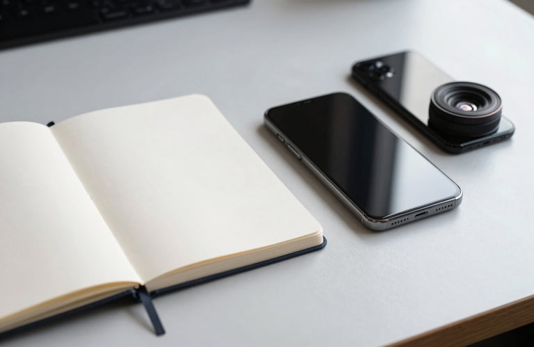A minimalist workspace in London, British / UK, featuring a clean notebook and a sleek smartphone on a pale mist grey surface.