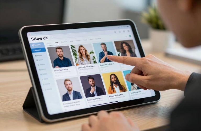 A professional pointing at a tablet screen in a British / UK office, showing a vibrant social media feed, energetic mood.