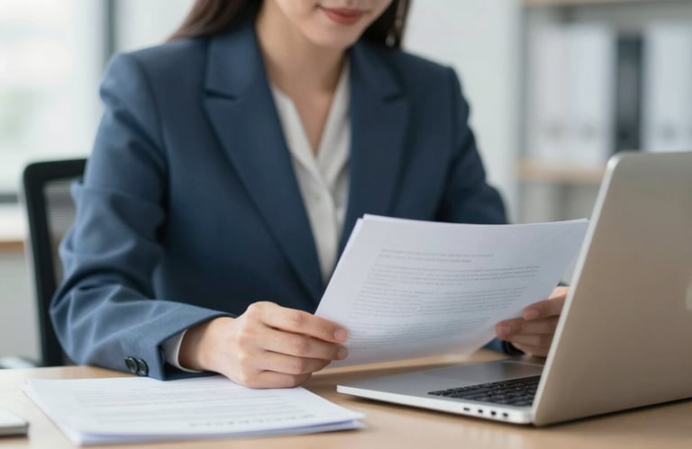 A close-up of a professional woman reviewing documents on a laptop in a bright office. She wears a professional suit in #3C6B94, and the scene exudes focused expertise and intelligence.