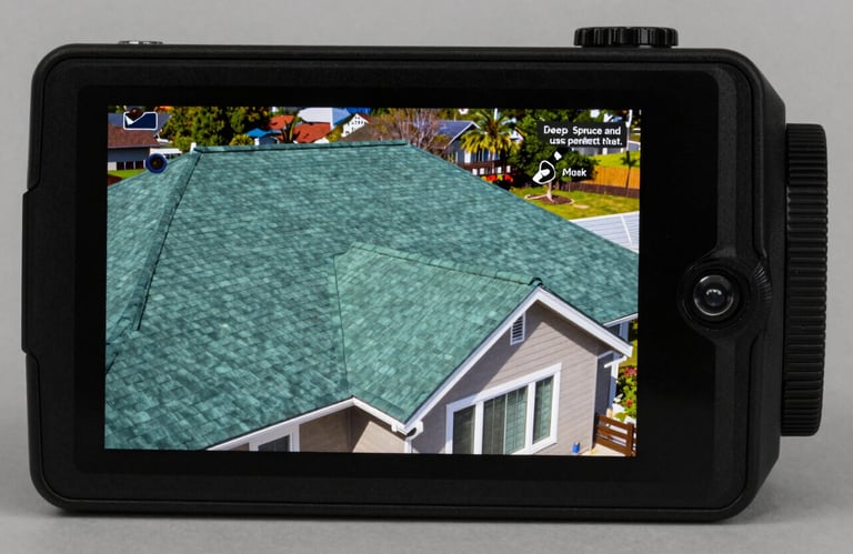 A high-tech thermal imaging camera screen displaying a home's roof, showing solid Deep Spruce and Dusty Sage colors, indicating perfect heat retention.