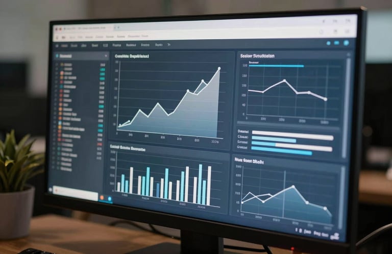 A sophisticated close-up of a high-end digital interface on a monitor in a darkened North American office, showing beautiful, data-driven graphs in steel blue and off-white colors.