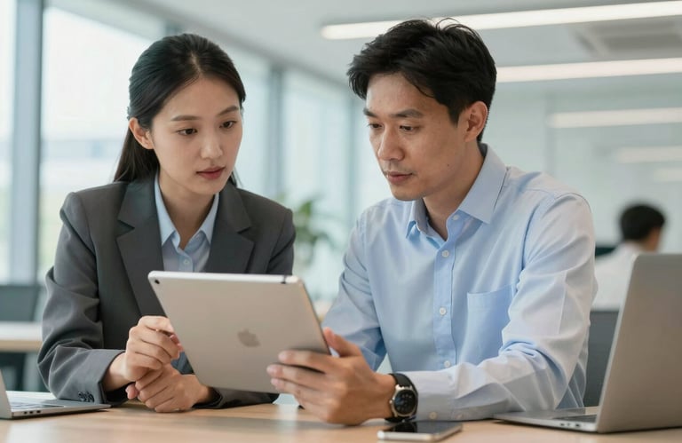 A candid shot of two professional colleagues in a North American tech hub discussing strategy over a digital tablet. The setting is bright and professional with a modern aesthetic and hints of light blue.